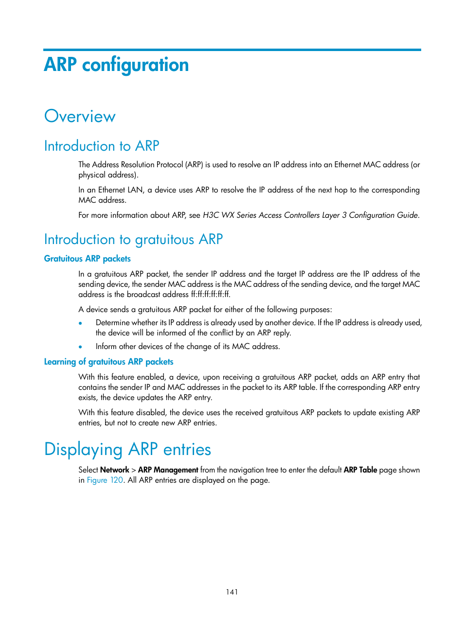 Arp configuration, Overview, Introduction to arp | Introduction to gratuitous arp, Gratuitous arp packets, Learning of gratuitous arp packets, Displaying arp entries | H3C Technologies H3C WX3000E Series Wireless Switches User Manual | Page 157 / 640