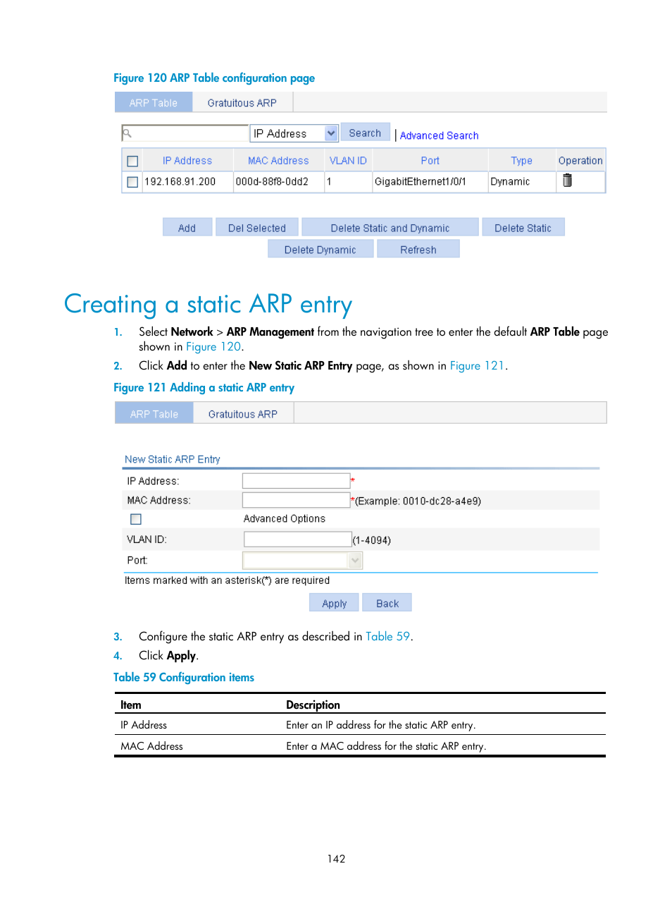 Creating a static arp entry | H3C Technologies H3C WX3000E Series Wireless Switches User Manual | Page 158 / 640