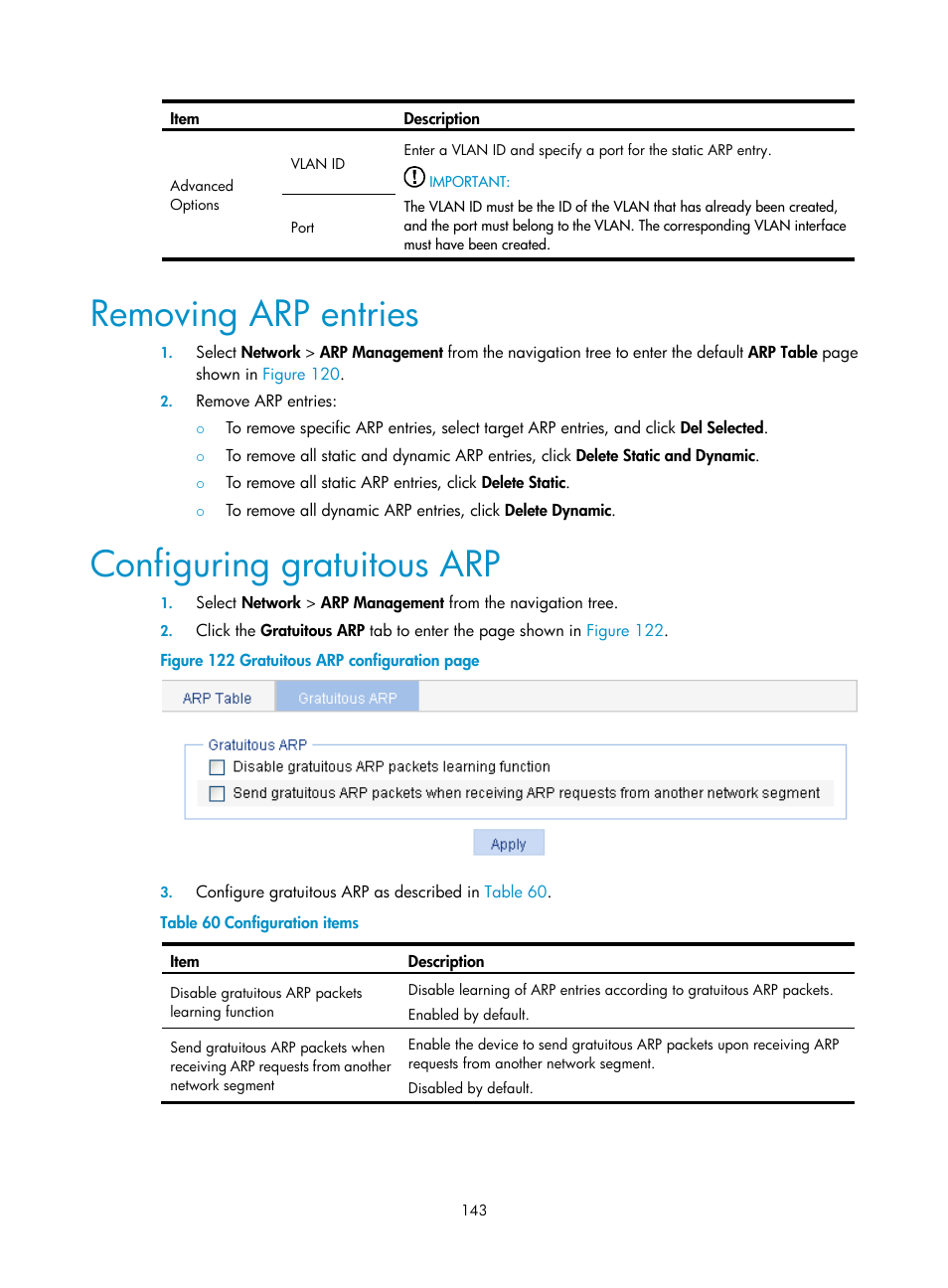 Removing arp entries, Configuring gratuitous arp | H3C Technologies H3C WX3000E Series Wireless Switches User Manual | Page 159 / 640