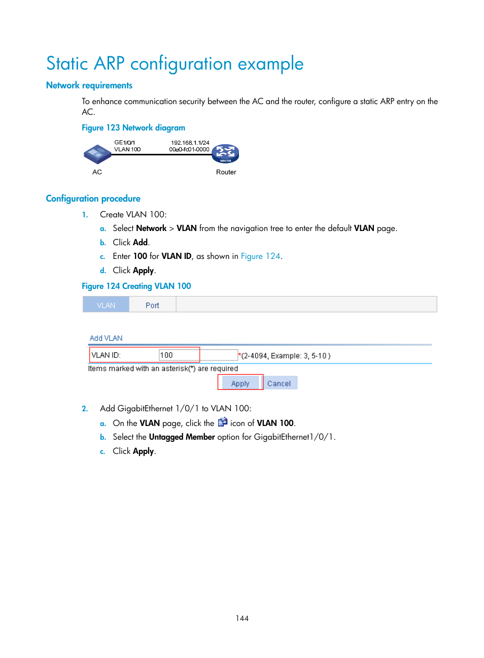 Static arp configuration example, Network requirements, Configuration procedure | H3C Technologies H3C WX3000E Series Wireless Switches User Manual | Page 160 / 640