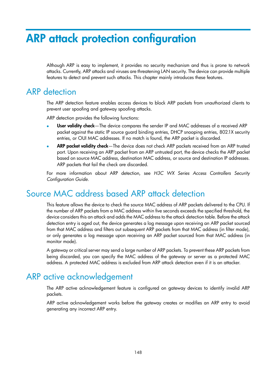 Arp attack protection configuration, Arp detection, Source mac address based arp attack detection | Arp active acknowledgement | H3C Technologies H3C WX3000E Series Wireless Switches User Manual | Page 164 / 640