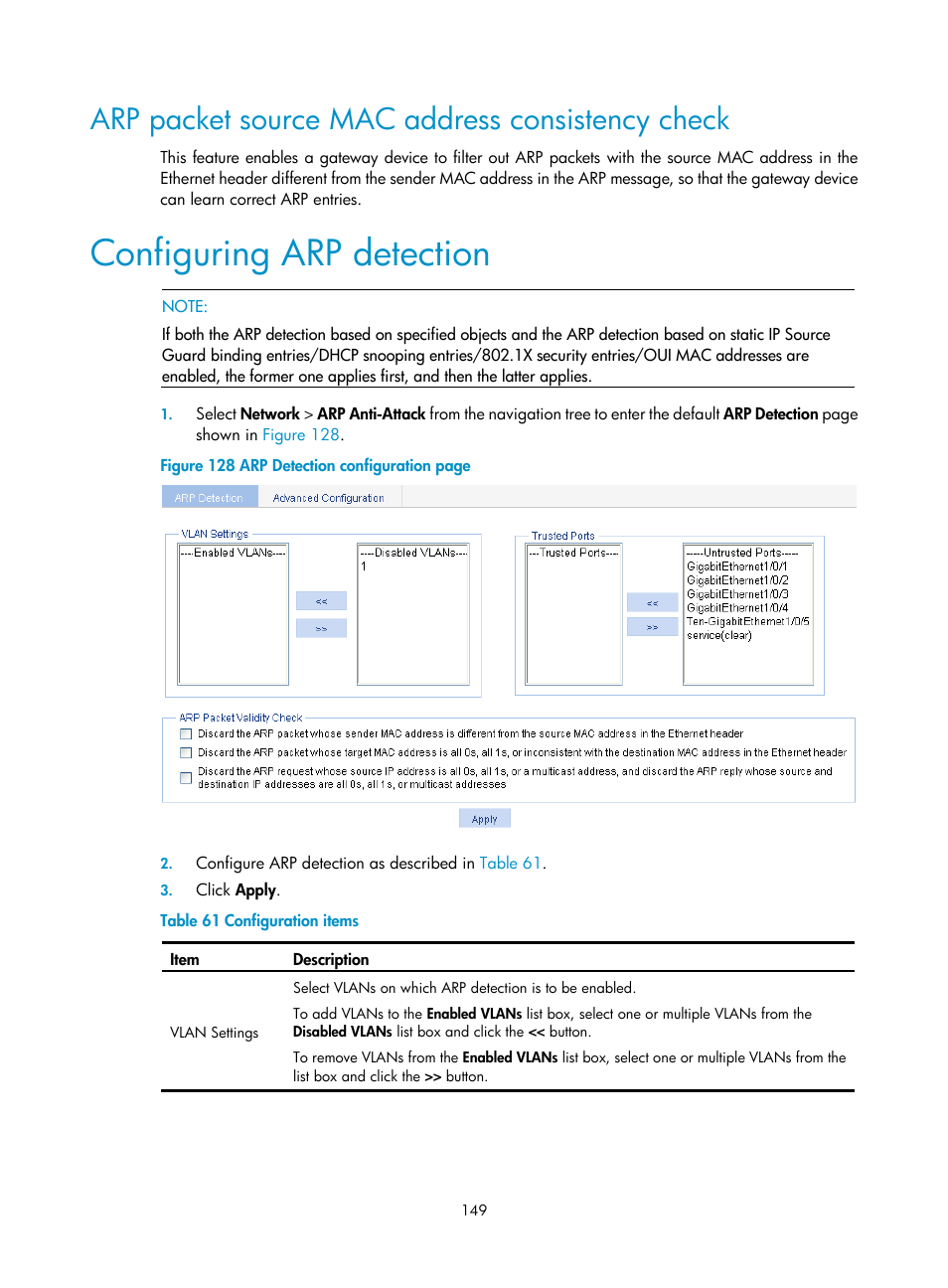 Arp packet source mac address consistency check, Configuring arp detection | H3C Technologies H3C WX3000E Series Wireless Switches User Manual | Page 165 / 640