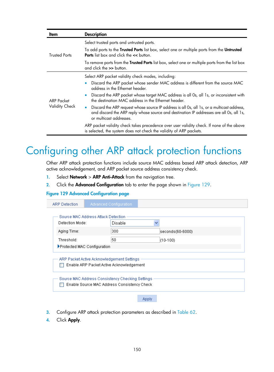 Configuring other arp attack protection functions | H3C Technologies H3C WX3000E Series Wireless Switches User Manual | Page 166 / 640