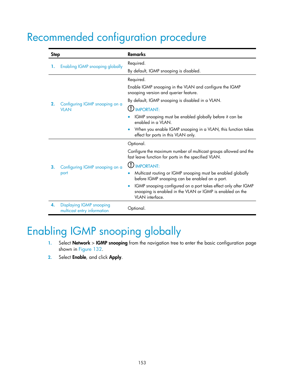 Recommended configuration procedure, Enabling igmp snooping globally | H3C Technologies H3C WX3000E Series Wireless Switches User Manual | Page 169 / 640