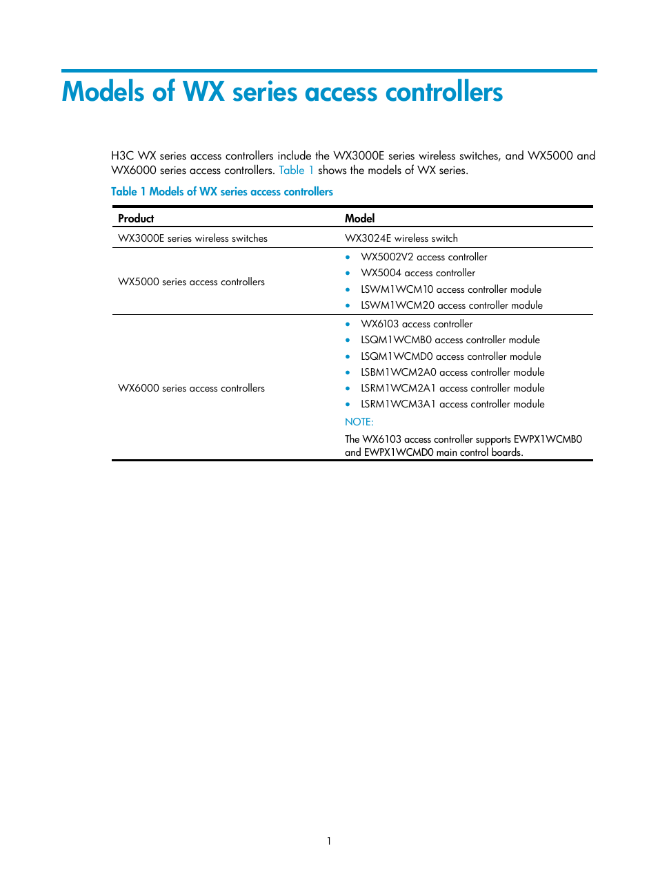 Models of wx series access controllers | H3C Technologies H3C WX3000E Series Wireless Switches User Manual | Page 17 / 640