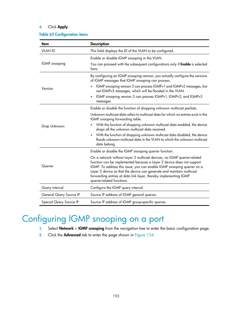 Configuring igmp snooping on a port, Configuring igmp snooping on a, Port | Table 63 | H3C Technologies H3C WX3000E Series Wireless Switches User Manual | Page 171 / 640