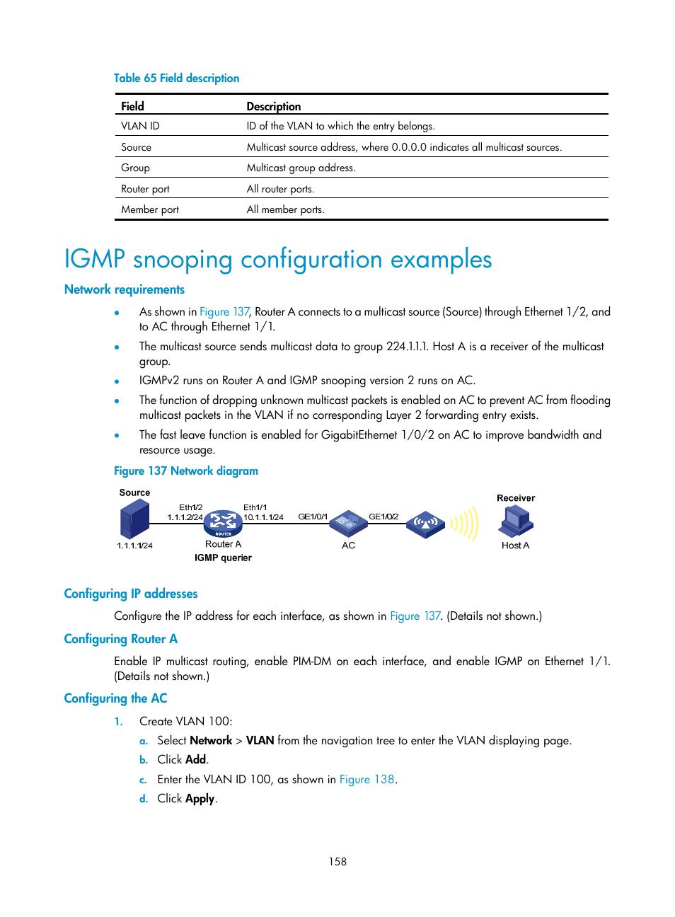 Igmp snooping configuration examples, Network requirements, Configuring ip addresses | Configuring router a, Configuring the ac | H3C Technologies H3C WX3000E Series Wireless Switches User Manual | Page 174 / 640