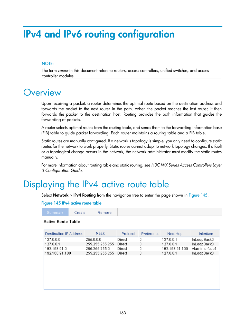 Ipv4 and ipv6 routing configuration, Overview, Displaying the ipv4 active route table | H3C Technologies H3C WX3000E Series Wireless Switches User Manual | Page 179 / 640