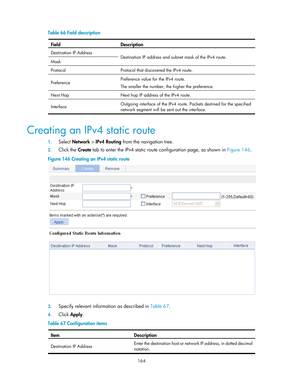 Creating an ipv4 static route | H3C Technologies H3C WX3000E Series Wireless Switches User Manual | Page 180 / 640