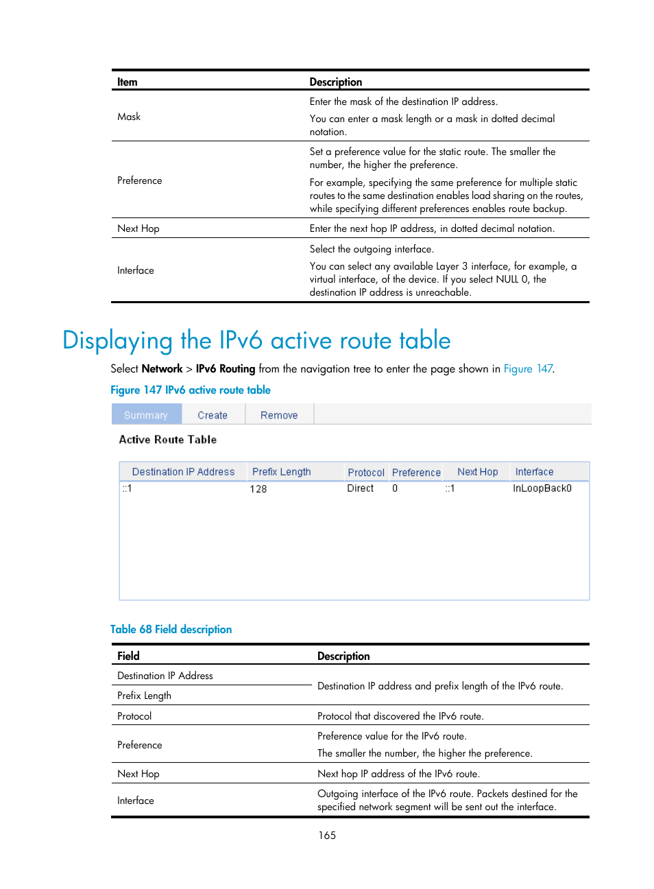 Displaying the ipv6 active route table | H3C Technologies H3C WX3000E Series Wireless Switches User Manual | Page 181 / 640