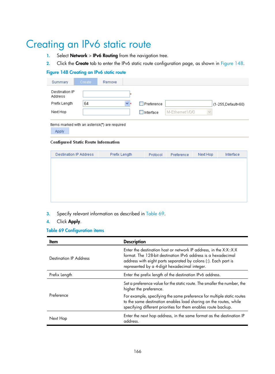 Creating an ipv6 static route | H3C Technologies H3C WX3000E Series Wireless Switches User Manual | Page 182 / 640