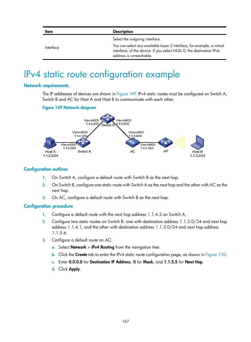 Ipv4 static route configuration example, Network requirements, Configuration outlines | Configuration procedure | H3C Technologies H3C WX3000E Series Wireless Switches User Manual | Page 183 / 640