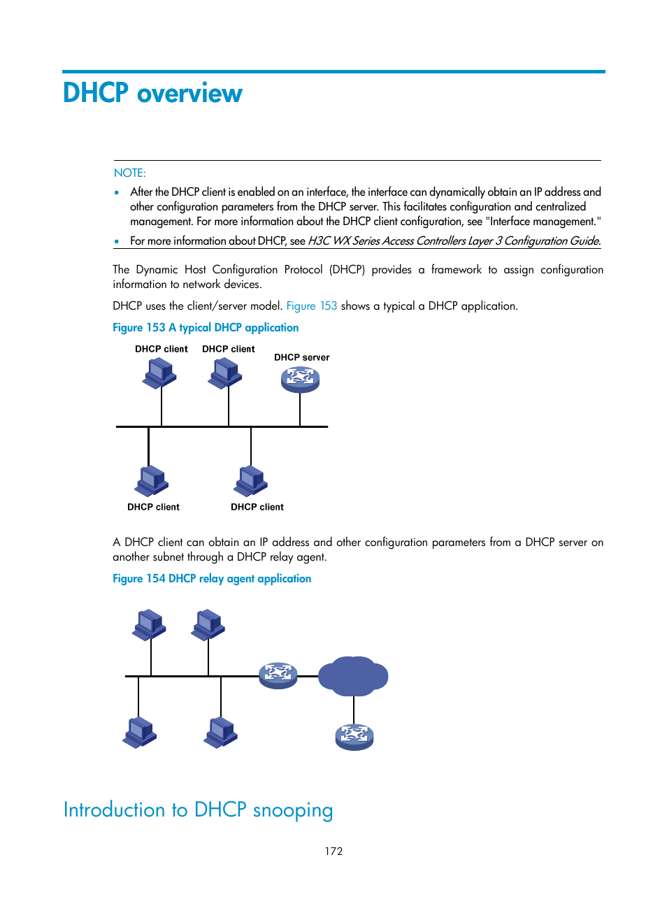 Dhcp overview, Introduction to dhcp snooping | H3C Technologies H3C WX3000E Series Wireless Switches User Manual | Page 188 / 640