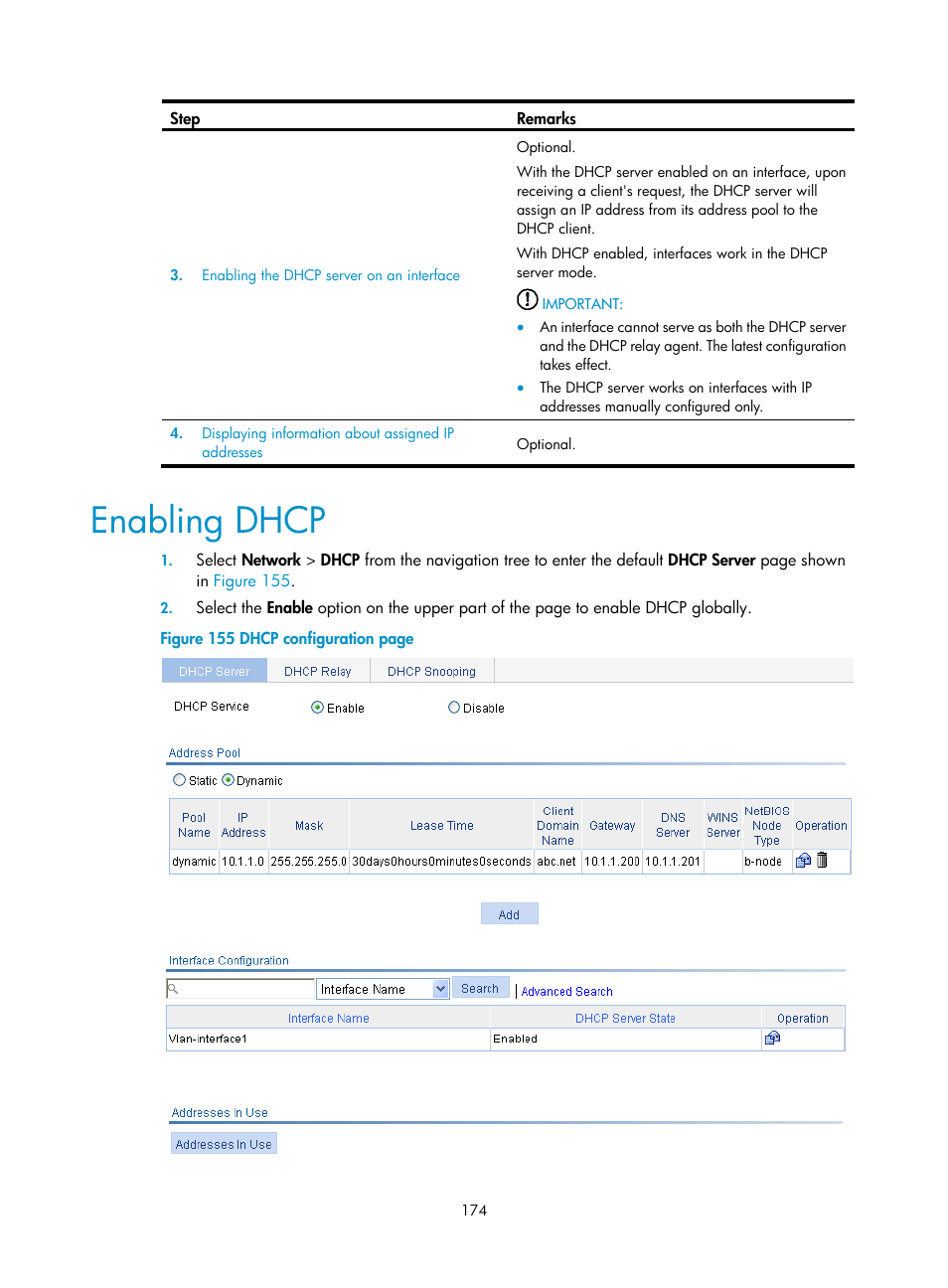 Enabling dhcp | H3C Technologies H3C WX3000E Series Wireless Switches User Manual | Page 190 / 640