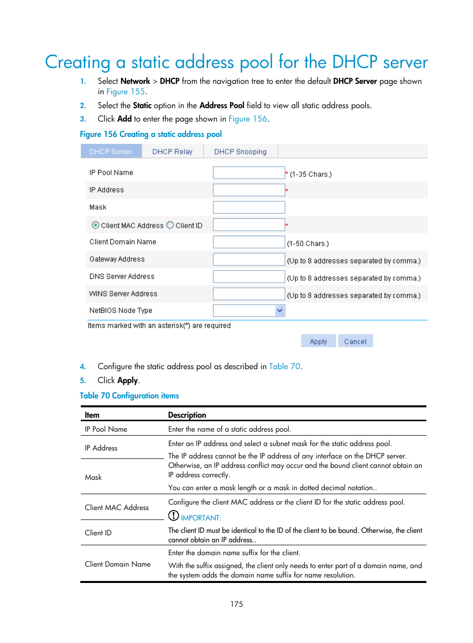 Creating a static address pool for the dhcp server, Creating a static address pool for the dhcp, Server | H3C Technologies H3C WX3000E Series Wireless Switches User Manual | Page 191 / 640