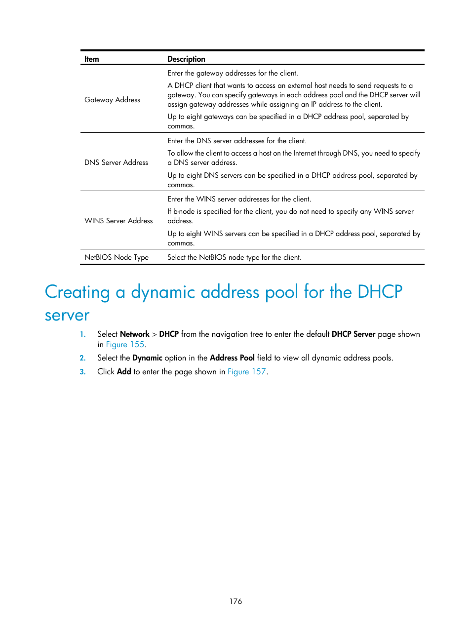 Creating a dynamic address pool for the dhcp, Server | H3C Technologies H3C WX3000E Series Wireless Switches User Manual | Page 192 / 640