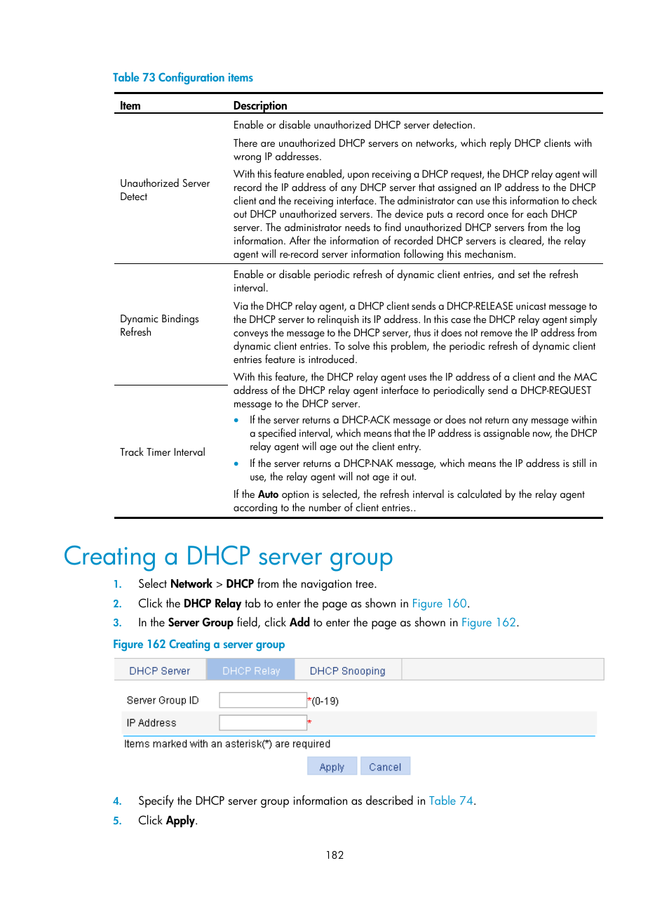 Creating a dhcp server group | H3C Technologies H3C WX3000E Series Wireless Switches User Manual | Page 198 / 640