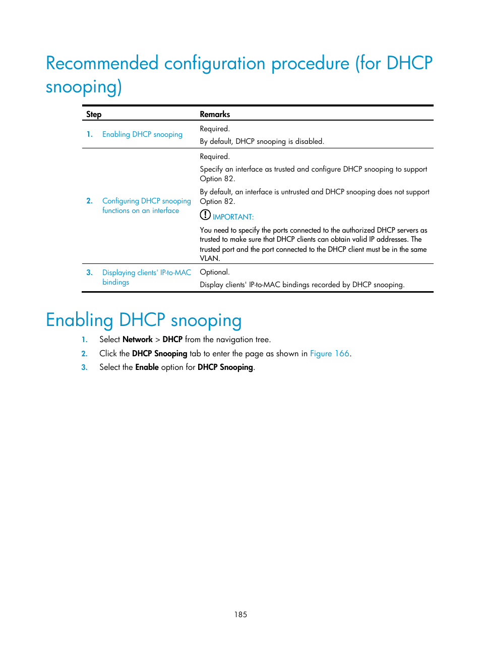 Enabling dhcp snooping | H3C Technologies H3C WX3000E Series Wireless Switches User Manual | Page 201 / 640