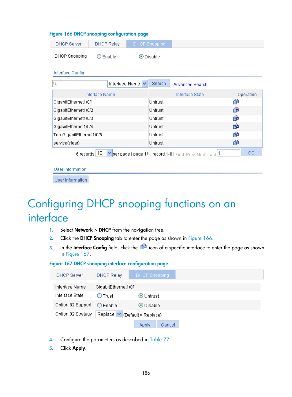 Configuring dhcp snooping, Functions on an interface, Figure 166 | H3C Technologies H3C WX3000E Series Wireless Switches User Manual | Page 202 / 640
