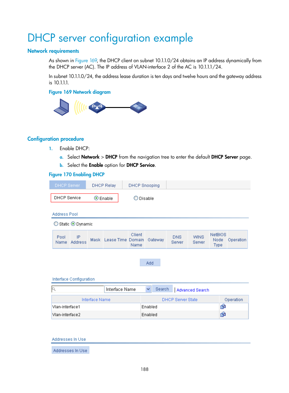 Dhcp server configuration example, Network requirements, Configuration procedure | H3C Technologies H3C WX3000E Series Wireless Switches User Manual | Page 204 / 640