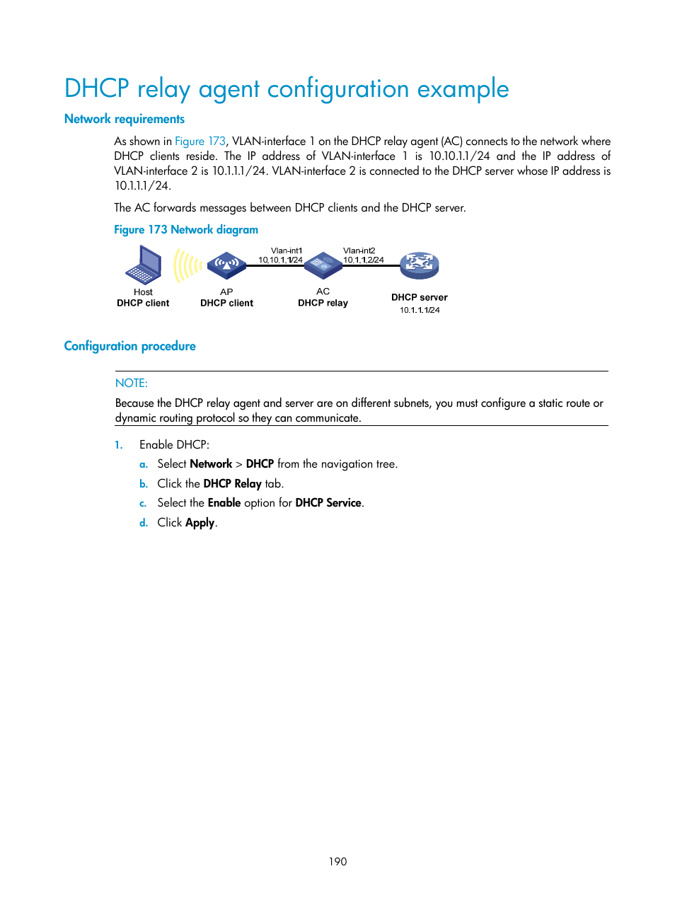 Dhcp relay agent configuration example, Network requirements, Configuration procedure | H3C Technologies H3C WX3000E Series Wireless Switches User Manual | Page 206 / 640