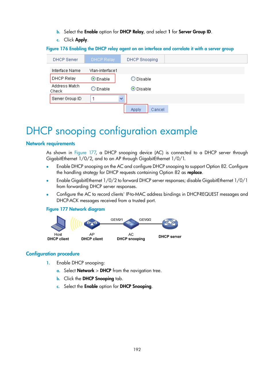 Dhcp snooping configuration example, Network requirements, Configuration procedure | H3C Technologies H3C WX3000E Series Wireless Switches User Manual | Page 208 / 640