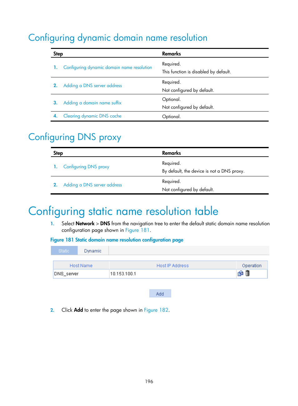 Configuring dynamic domain name resolution, Configuring dns proxy, Configuring static name resolution table | H3C Technologies H3C WX3000E Series Wireless Switches User Manual | Page 212 / 640