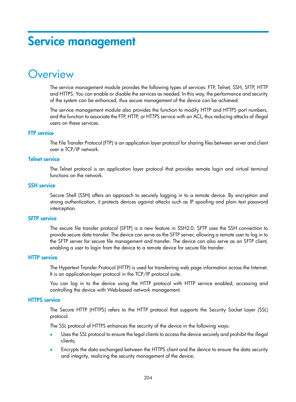 Service management, Overview, Ftp service | Telnet service, Ssh service, Sftp service, Http service, Https service | H3C Technologies H3C WX3000E Series Wireless Switches User Manual | Page 220 / 640