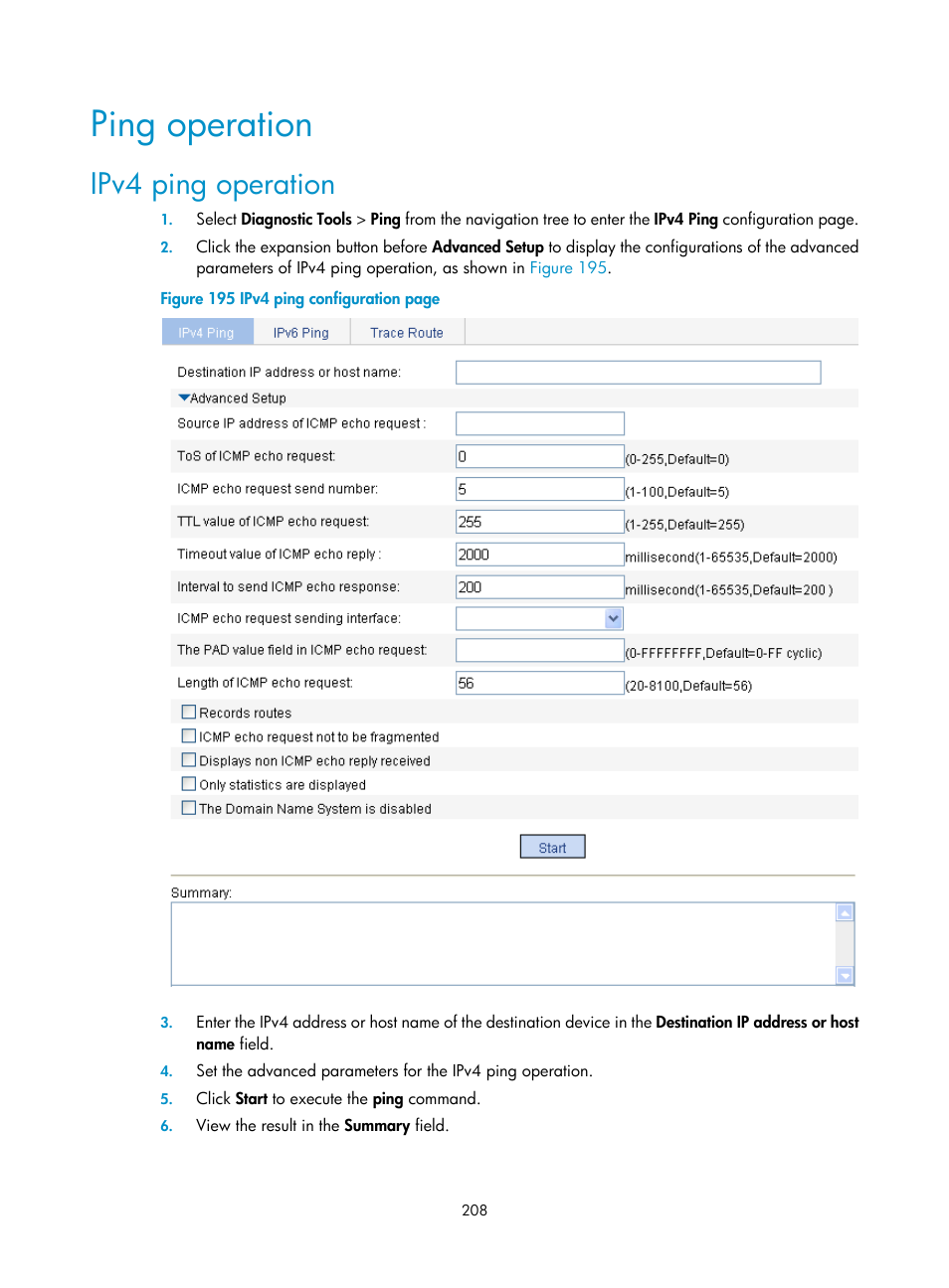 Ping operation, Ipv4 ping operation | H3C Technologies H3C WX3000E Series Wireless Switches User Manual | Page 224 / 640