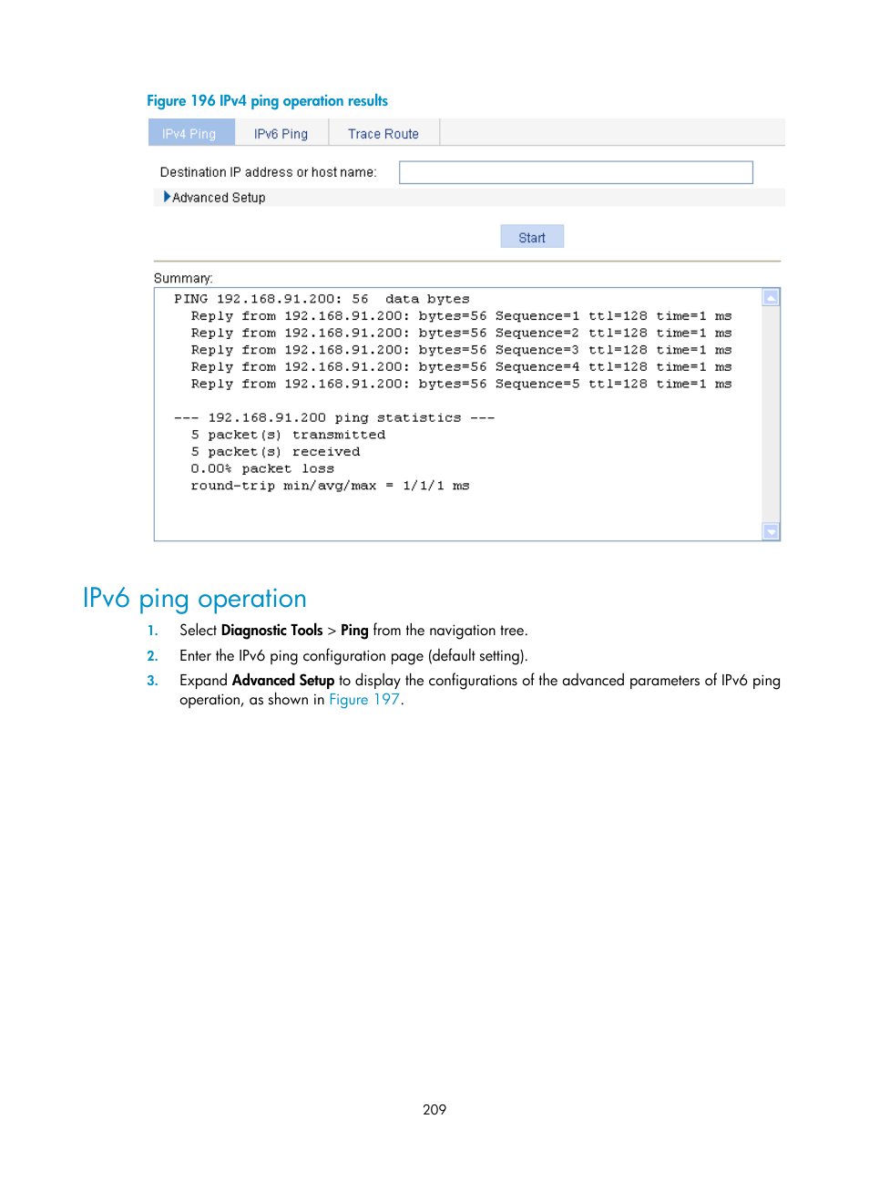 Ipv6 ping operation | H3C Technologies H3C WX3000E Series Wireless Switches User Manual | Page 225 / 640