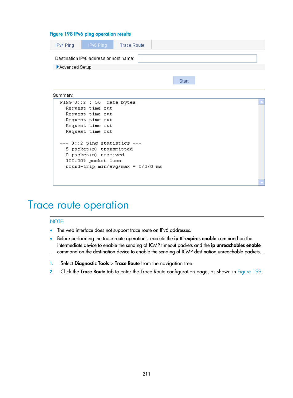 Trace route operation | H3C Technologies H3C WX3000E Series Wireless Switches User Manual | Page 227 / 640