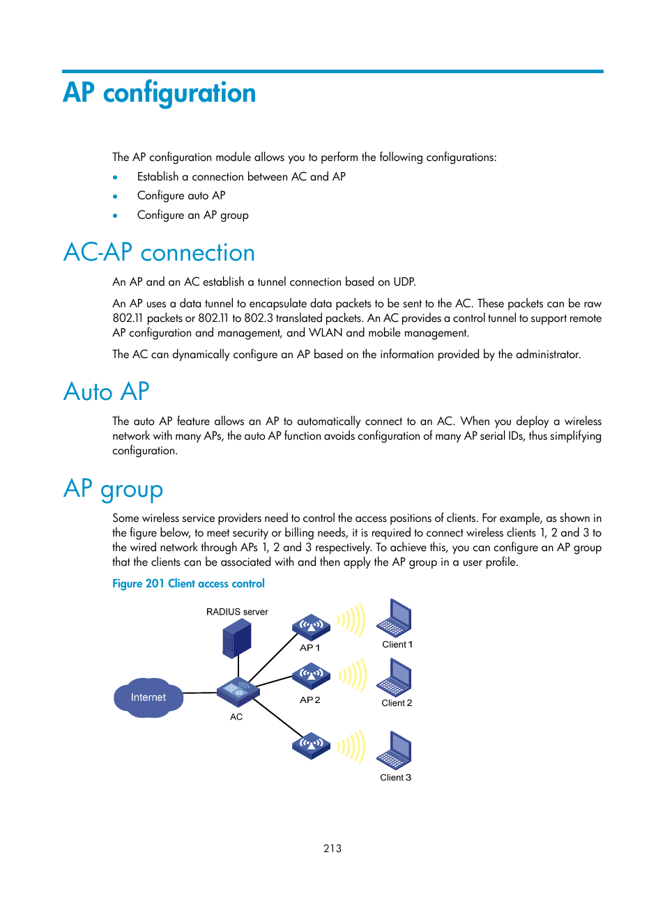 Ap configuration, Ac-ap connection, Auto ap | Ap group | H3C Technologies H3C WX3000E Series Wireless Switches User Manual | Page 229 / 640