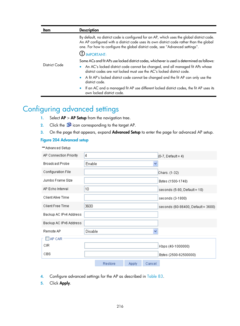 Configuring advanced settings | H3C Technologies H3C WX3000E Series Wireless Switches User Manual | Page 232 / 640