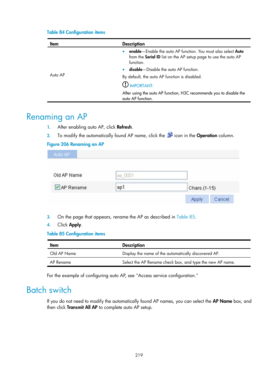 Renaming an ap, Batch switch | H3C Technologies H3C WX3000E Series Wireless Switches User Manual | Page 235 / 640