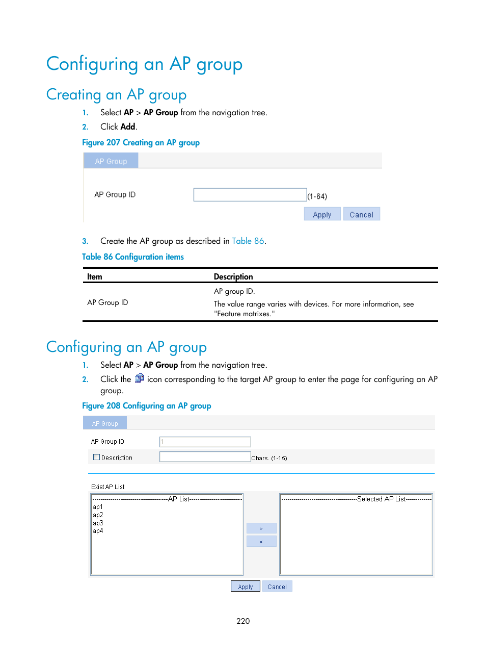 Configuring an ap group, Creating an ap group | H3C Technologies H3C WX3000E Series Wireless Switches User Manual | Page 236 / 640