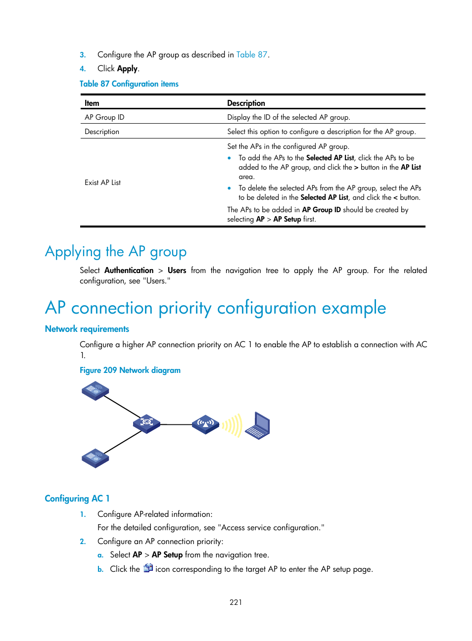 Applying the ap group, Ap connection priority configuration example, Network requirements | Configuring ac 1 | H3C Technologies H3C WX3000E Series Wireless Switches User Manual | Page 237 / 640
