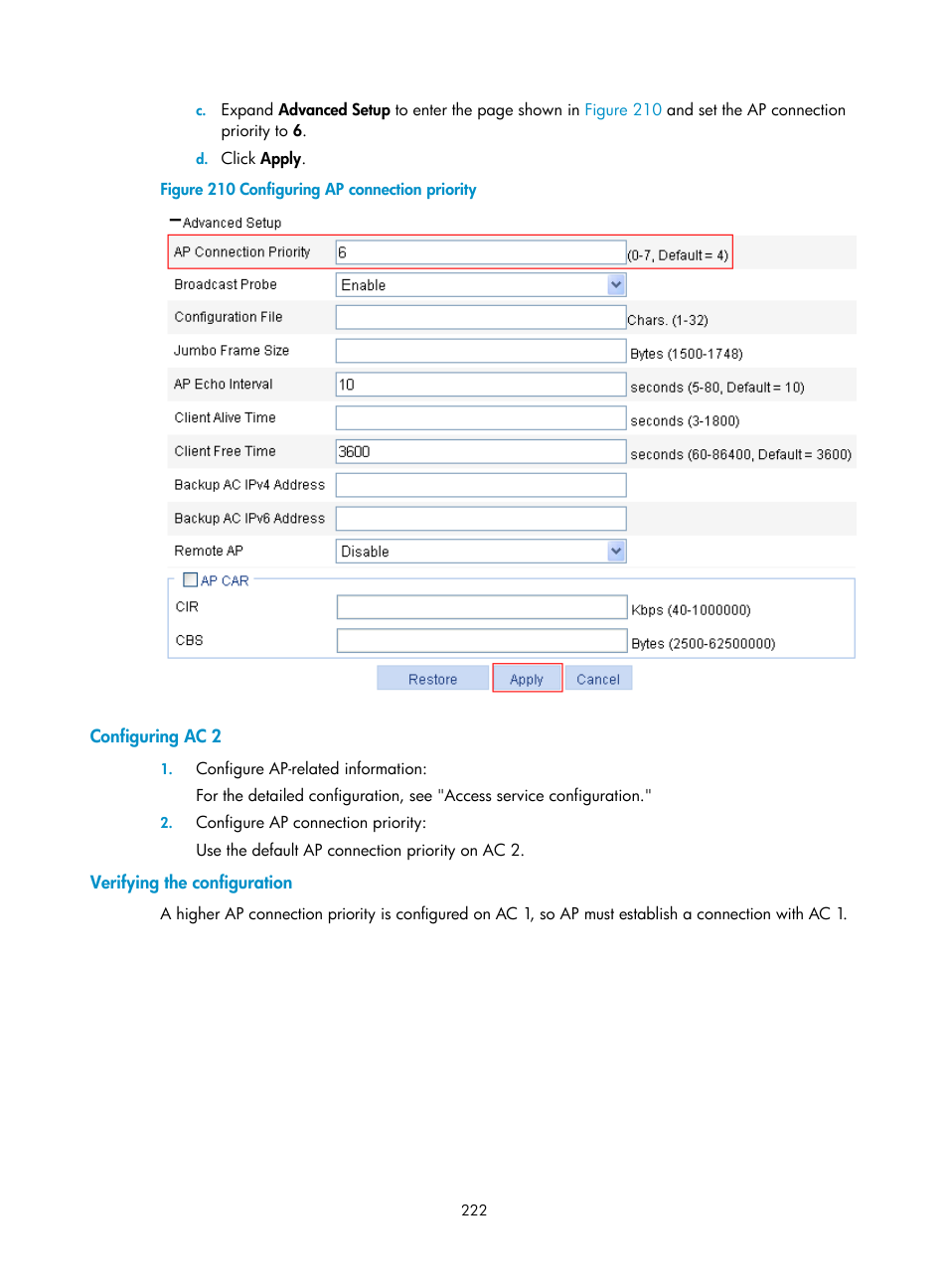 Configuring ac 2, Verifying the configuration | H3C Technologies H3C WX3000E Series Wireless Switches User Manual | Page 238 / 640