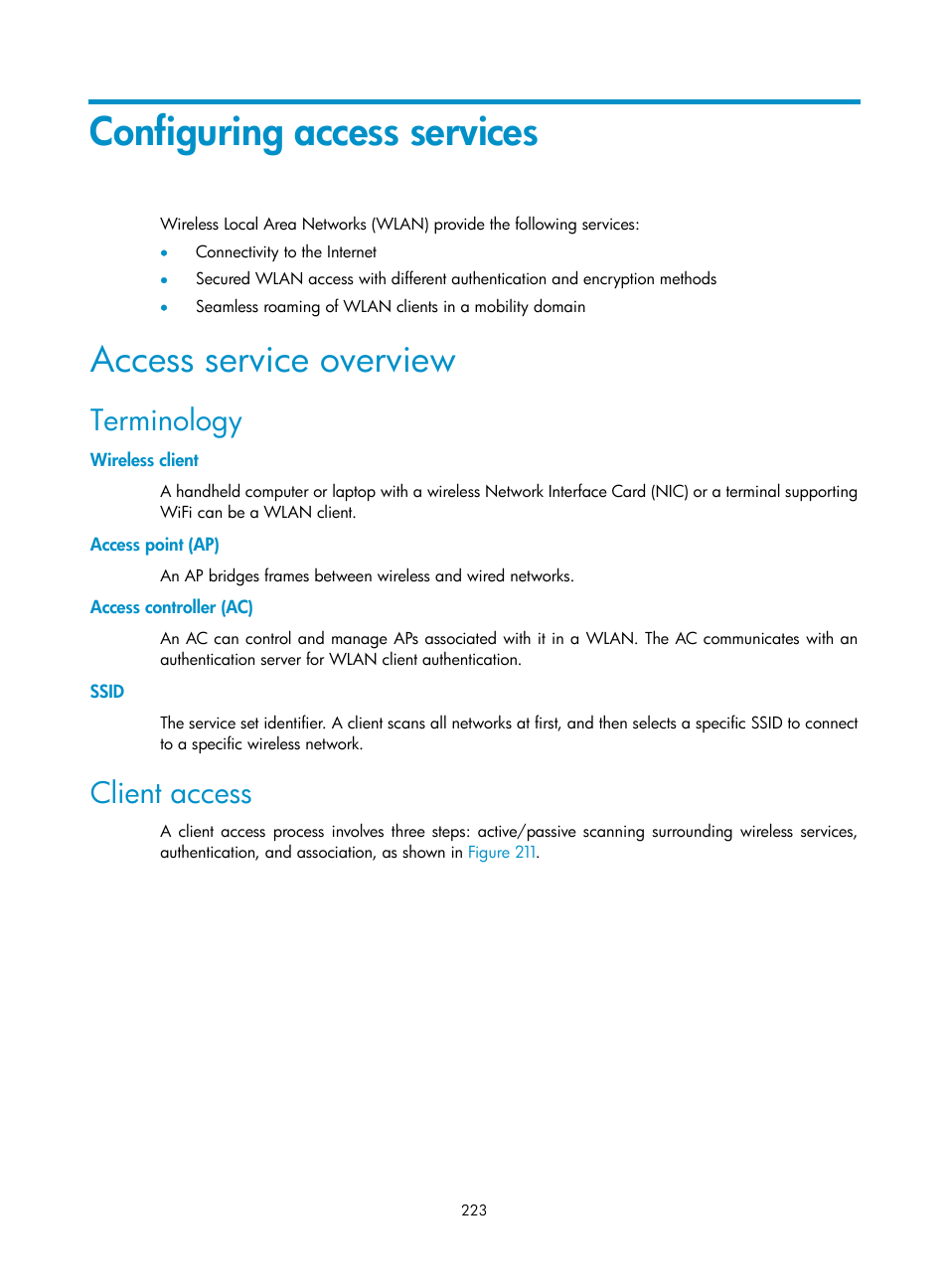 Configuring access services, Access service overview, Terminology | Wireless client, Access point (ap), Access controller (ac), Ssid, Client access | H3C Technologies H3C WX3000E Series Wireless Switches User Manual | Page 239 / 640