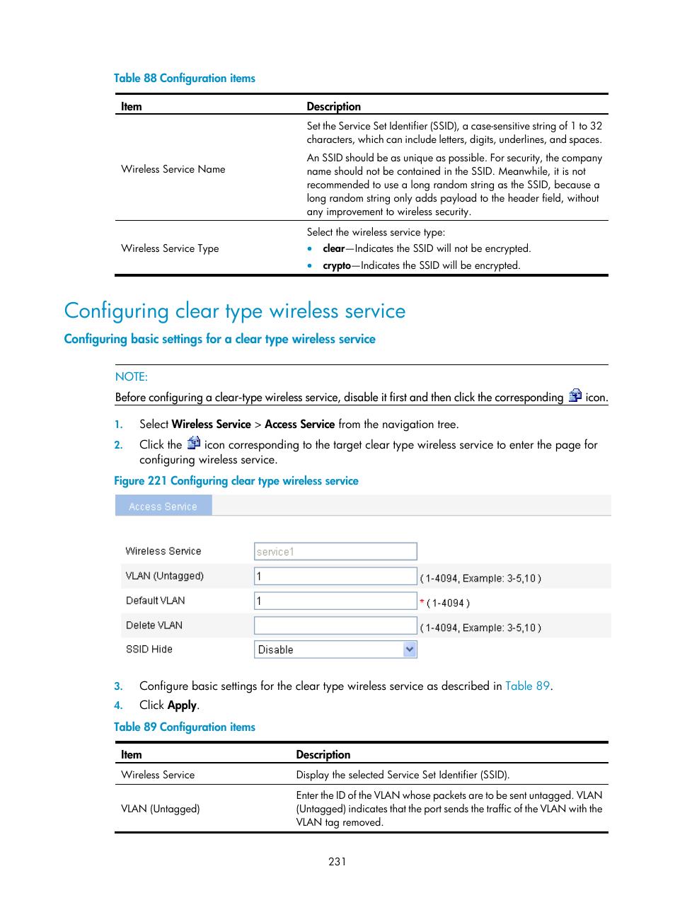 Configuring clear type wireless service, D in, Table 88 | H3C Technologies H3C WX3000E Series Wireless Switches User Manual | Page 247 / 640