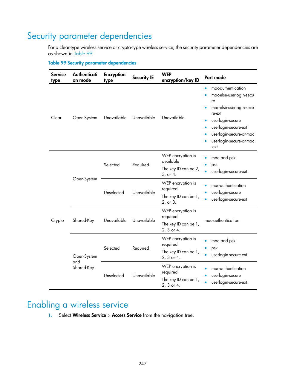 Security parameter dependencies, Enabling a wireless service, Table 99 | H3C Technologies H3C WX3000E Series Wireless Switches User Manual | Page 263 / 640