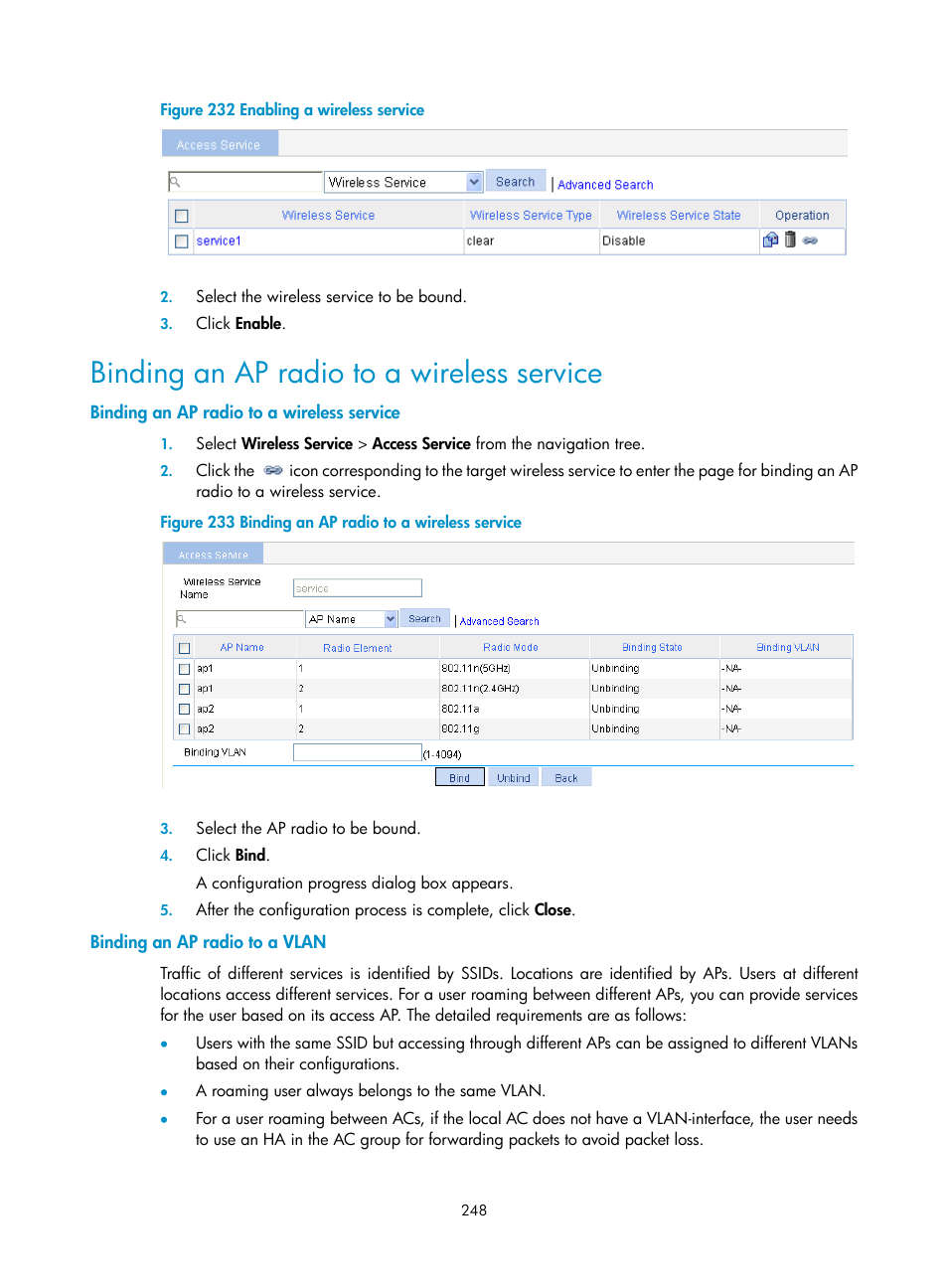 Binding an ap radio to a wireless service, Binding an ap radio to a vlan | H3C Technologies H3C WX3000E Series Wireless Switches User Manual | Page 264 / 640