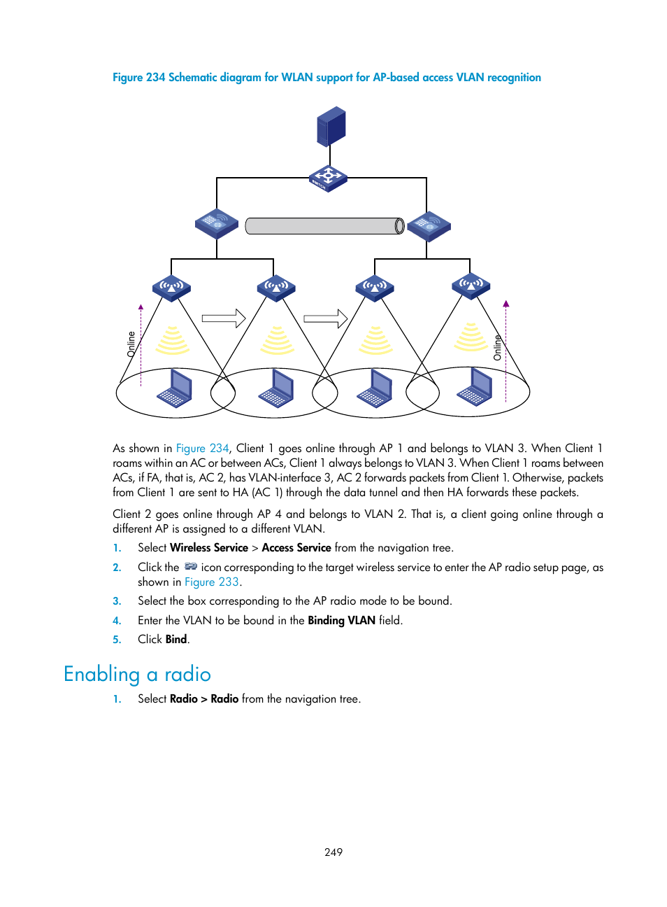 Enabling a radio | H3C Technologies H3C WX3000E Series Wireless Switches User Manual | Page 265 / 640