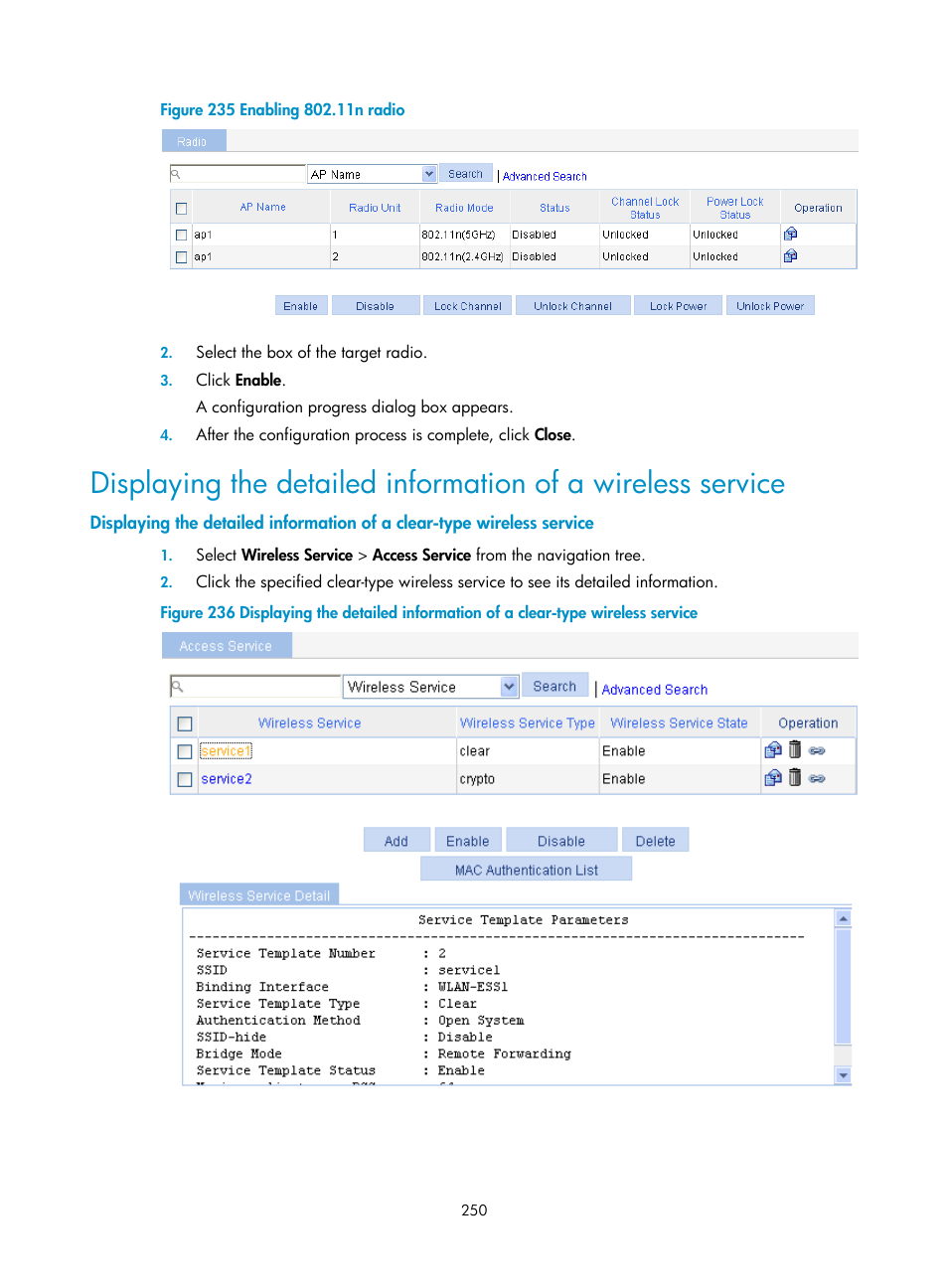 Displaying the detailed information of a wireless, Service | H3C Technologies H3C WX3000E Series Wireless Switches User Manual | Page 266 / 640