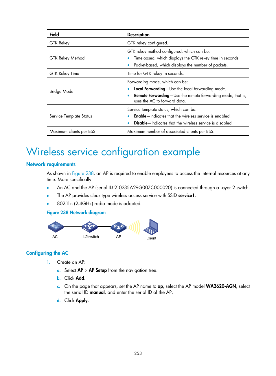 Wireless service configuration example, Network requirements, Configuring the ac | H3C Technologies H3C WX3000E Series Wireless Switches User Manual | Page 269 / 640