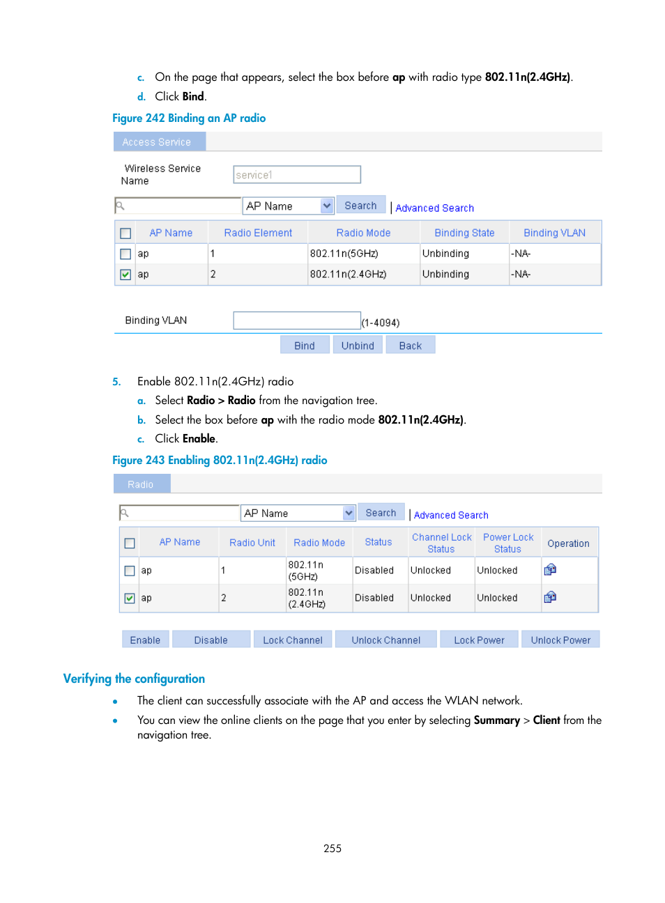 Verifying the configuration | H3C Technologies H3C WX3000E Series Wireless Switches User Manual | Page 271 / 640