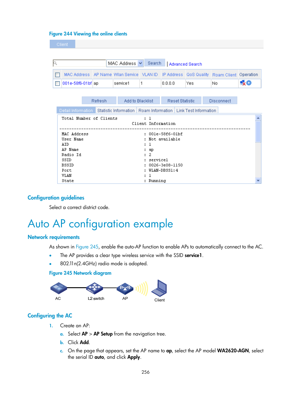 Configuration guidelines, Auto ap configuration example, Network requirements | Configuring the ac | H3C Technologies H3C WX3000E Series Wireless Switches User Manual | Page 272 / 640