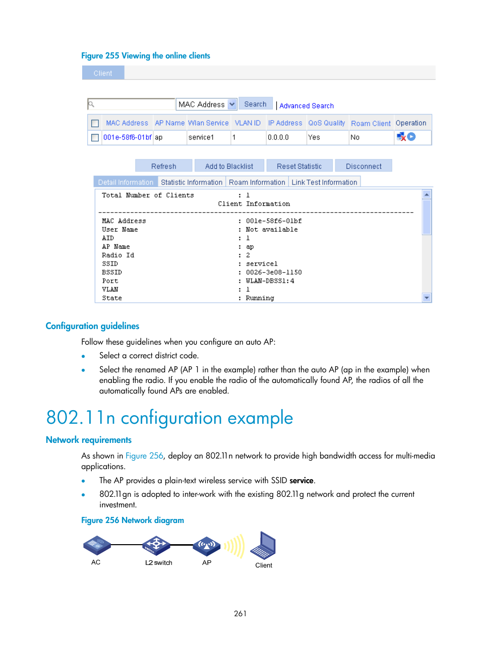 Configuration guidelines, 11n configuration example, Network requirements | H3C Technologies H3C WX3000E Series Wireless Switches User Manual | Page 277 / 640