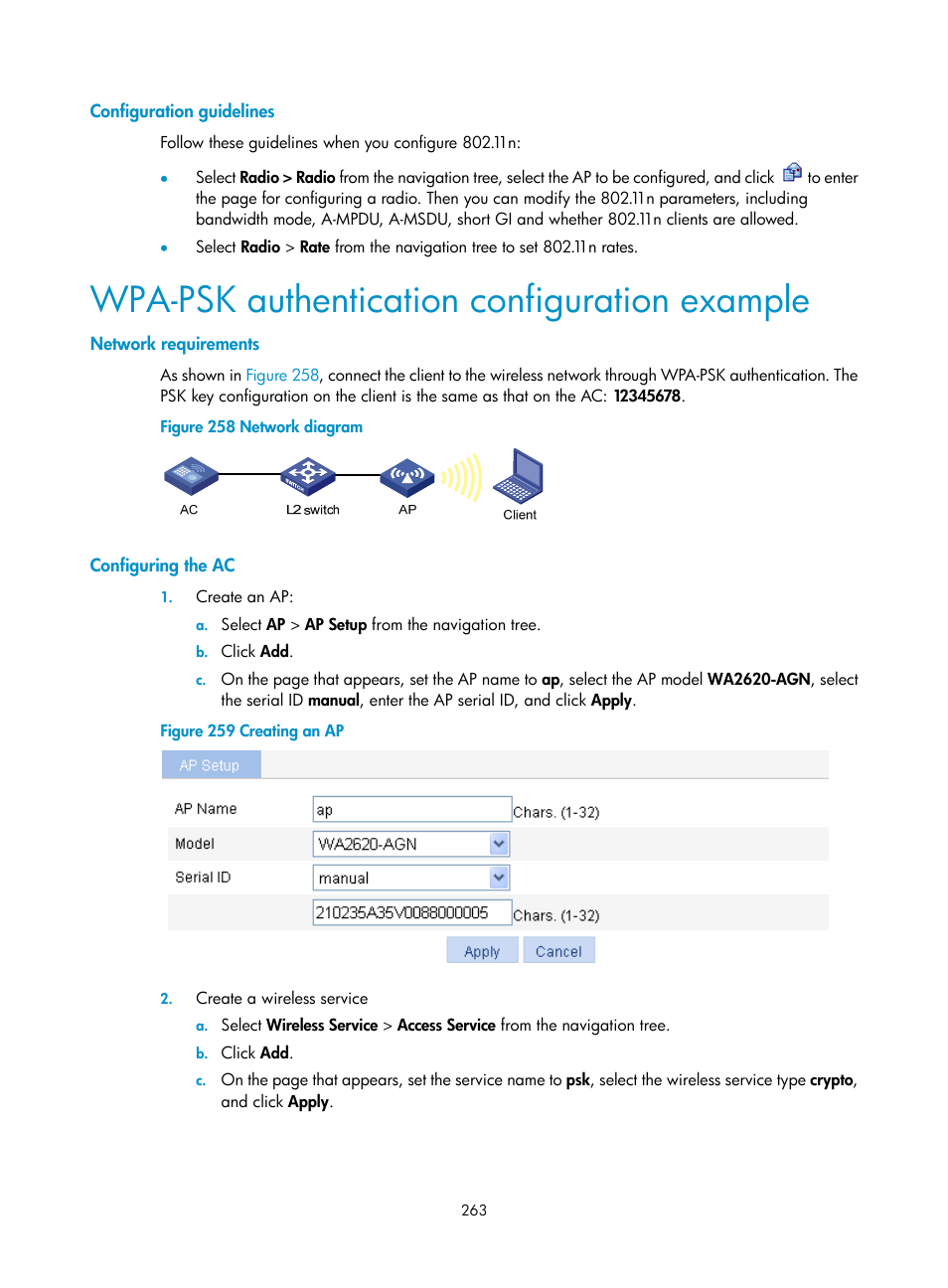 Configuration guidelines, Wpa-psk authentication configuration example, Network requirements | Configuring the ac | H3C Technologies H3C WX3000E Series Wireless Switches User Manual | Page 279 / 640