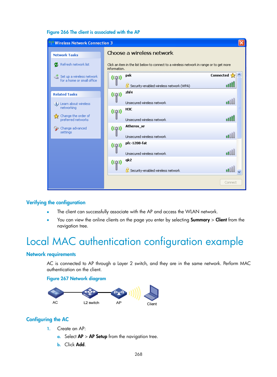 Verifying the configuration, Local mac authentication configuration example, Network requirements | Configuring the ac | H3C Technologies H3C WX3000E Series Wireless Switches User Manual | Page 284 / 640