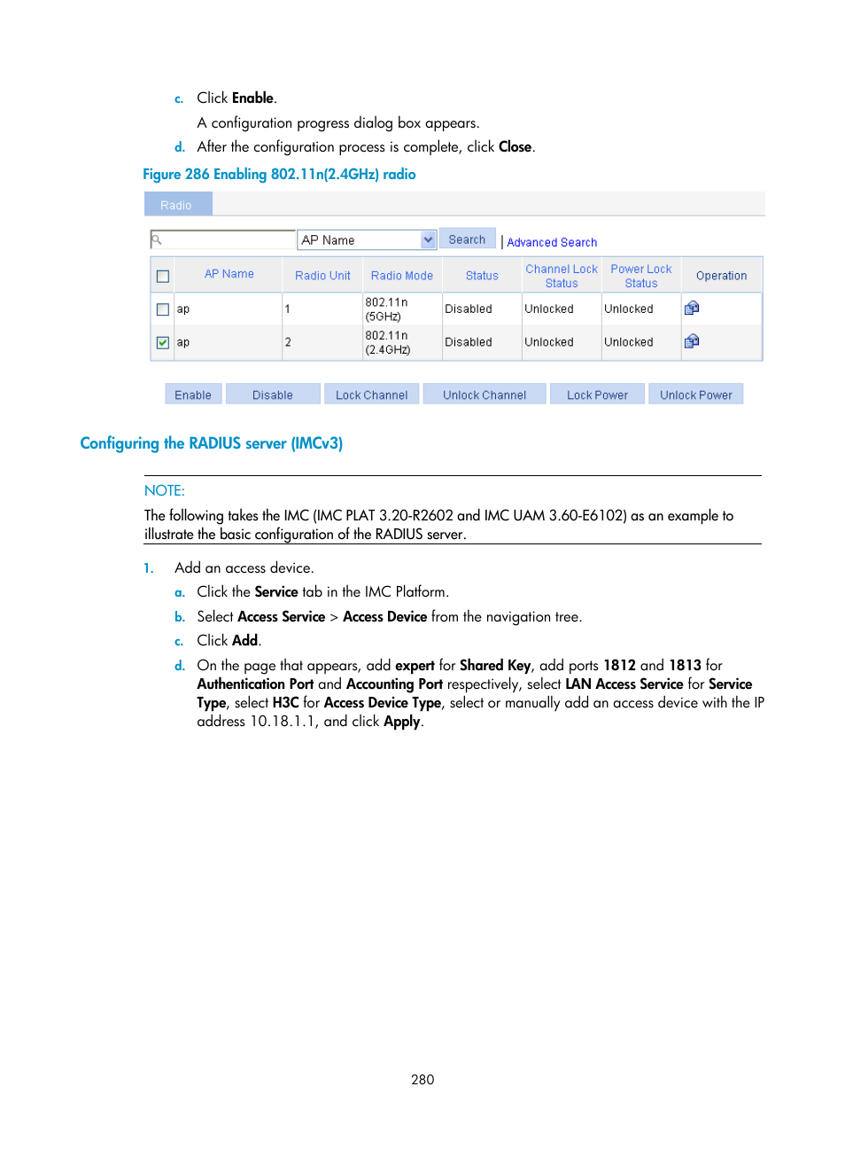 Configuring the radius server (imcv3) | H3C Technologies H3C WX3000E Series Wireless Switches User Manual | Page 296 / 640